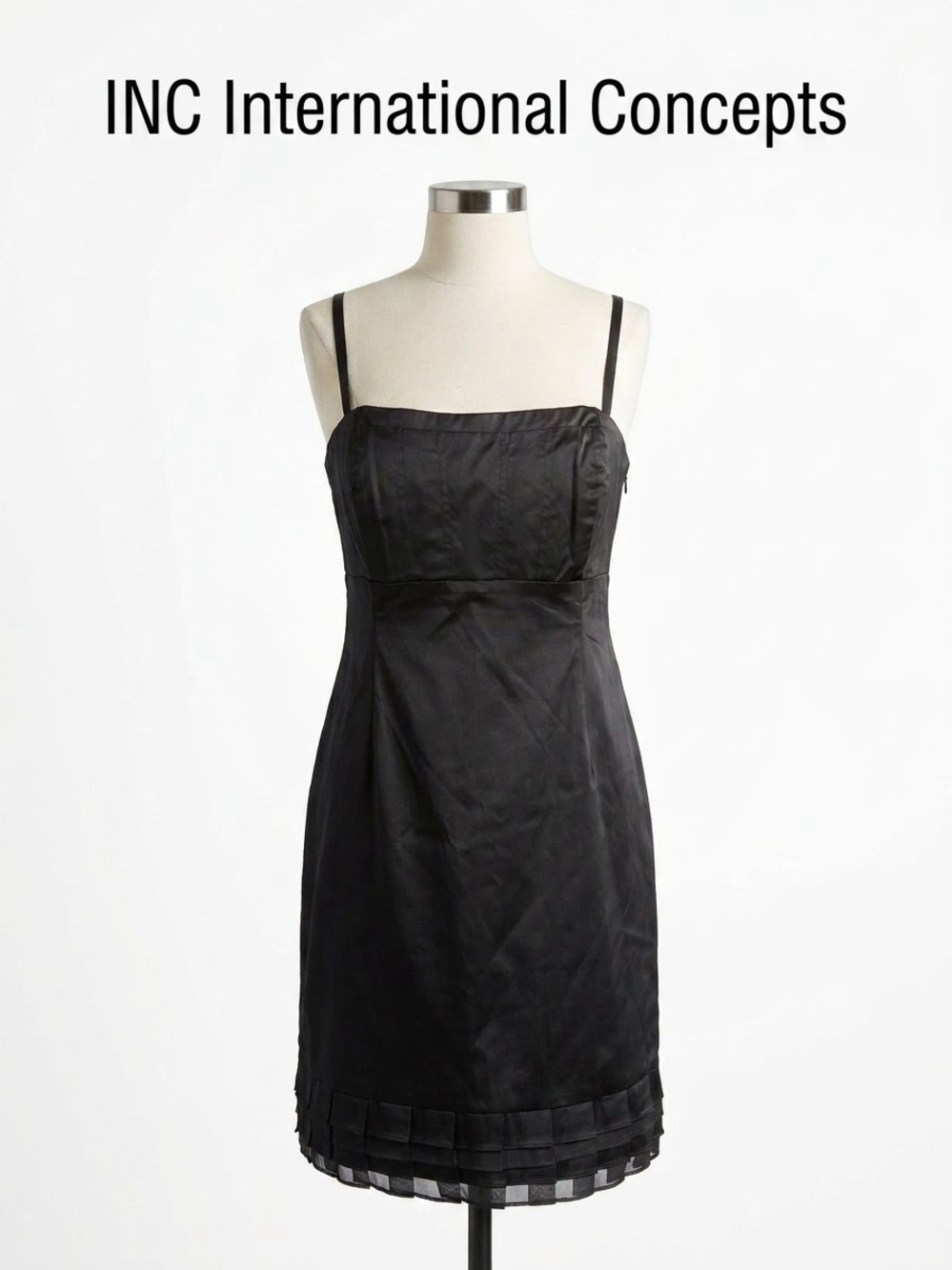 INC International Concepts Black Satin Spaghetti-Strap Mini Dress Size 14P 0227